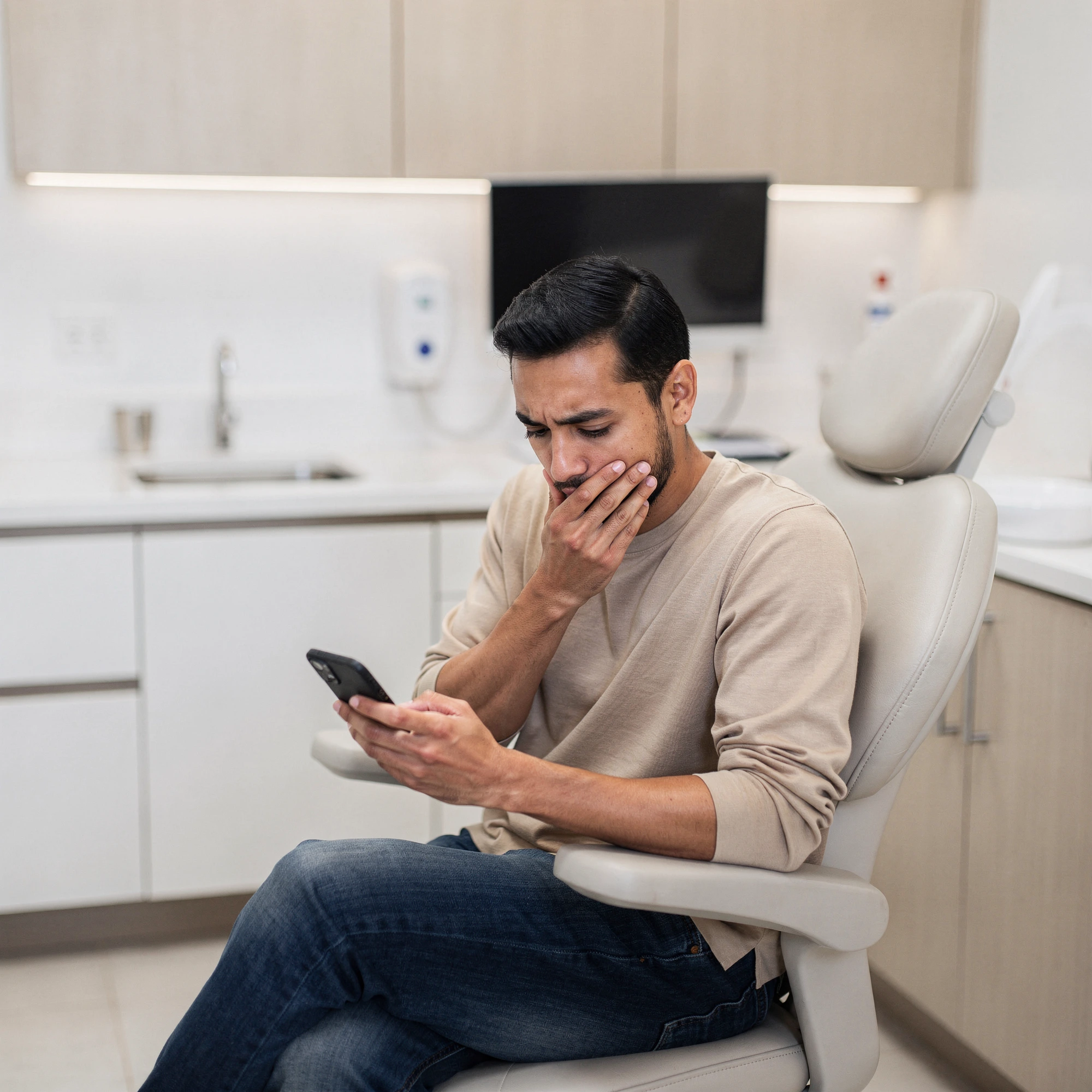Man in dental chair holding phone with hand to face, appearing to experience tooth pain